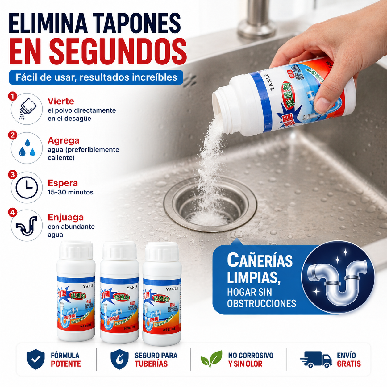 3 Polvo Destapa Cañerias Drenage 110g