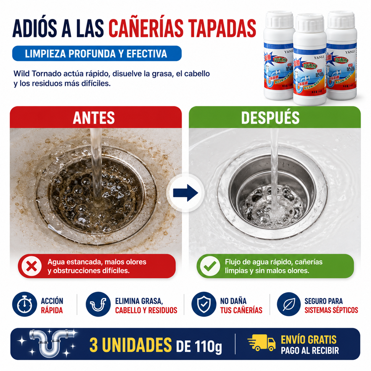 3 Polvo Destapa Cañerias Drenage 110g