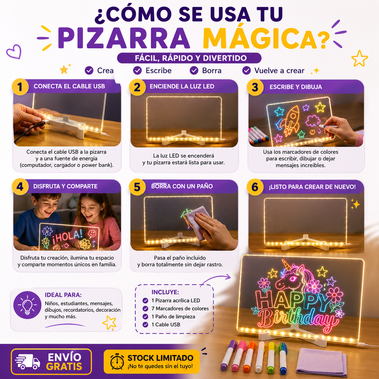 Pizarra Magica 20cm X 30cm Luz Led usb